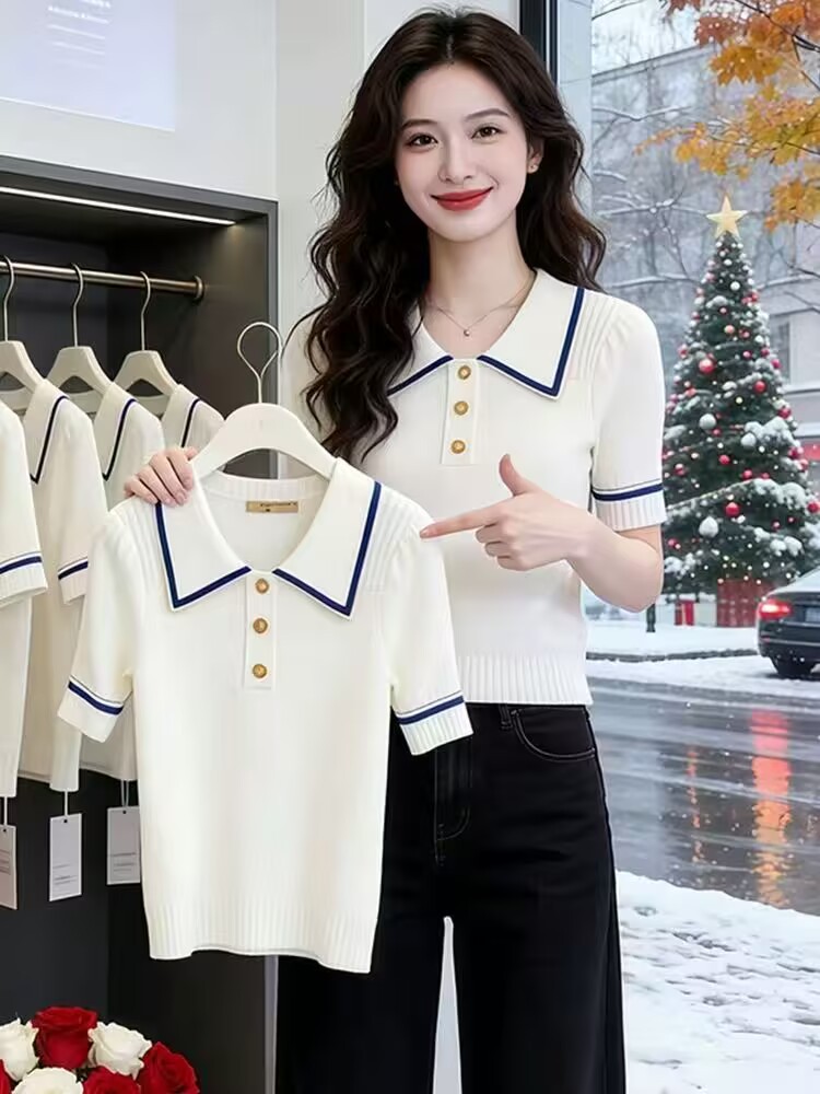 Áo thun nữ polo cổ tay lỡ phối màu chất liệu lụa đan mát mẻ — trắng