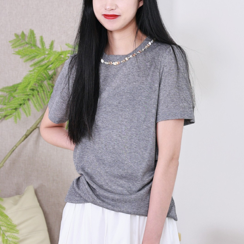 【No Returns or Exchanges】French-Style Heavy-Duty Beaded Lyocell Round-Neck Short-Sleeve T-Shirt, Sweet and Flowy Breathable Pleated Top