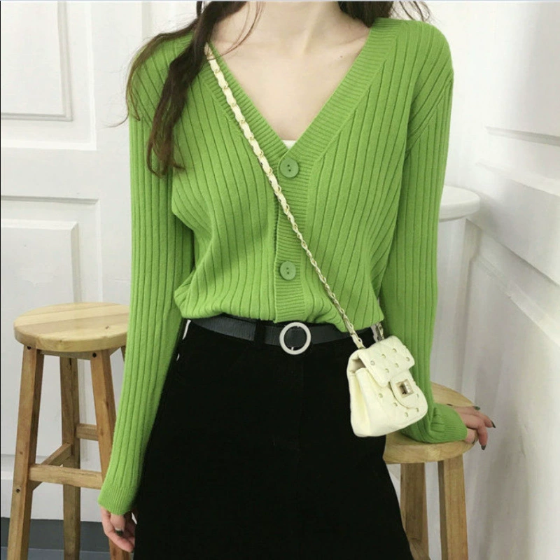 Осенняя короткая брендовая кофта с длинным рукавом, кардиган, oversize, корейский стиль, интернет- знаменитость, V-образный вырез