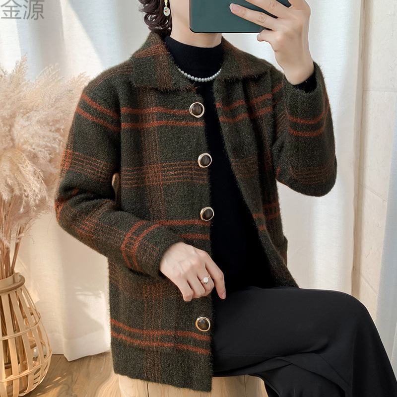 J 거북 3 어머니 스웨터 코트 여성 중년 및 노인 여성 격자 무늬 스웨터 외부 할머니 카디건 재킷