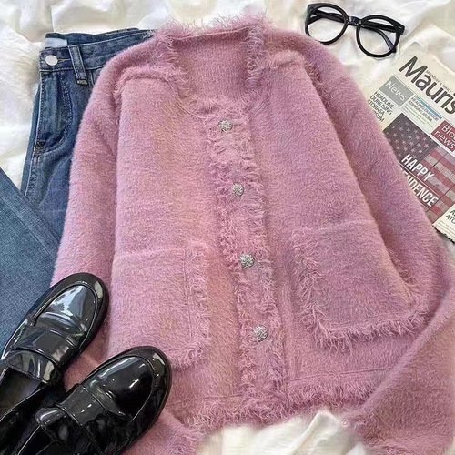 Women's White Unisex Blue High-End Mink-Style French Perfume Water Mink Long-Sleeve Knitted Cardigan Outerwear