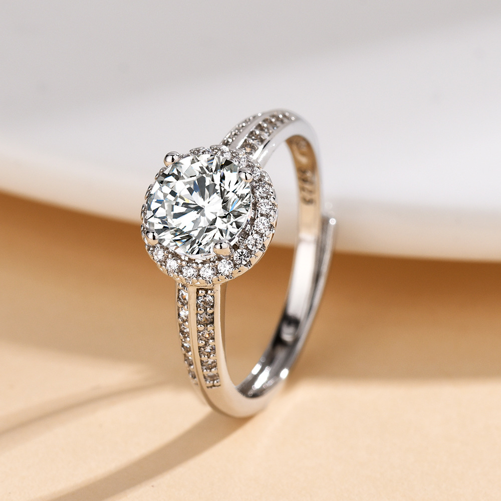 European and American Cross-Border Engagement Imitation Moissanite Cluster Diamond Ring Holding Carat Diamond Ring for Women Light Four-Claw Inlaid Open Diamond Ring