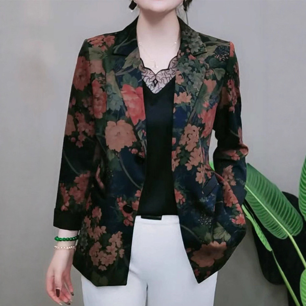 Trendy Floral Nine-Point Sleeve Blazer 2025 Autumn New Loose Slimming Elegant Mom Suit Jacket for Women