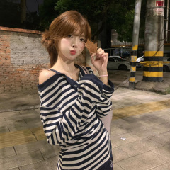 甜辣妹条纹长袖T恤女2025早秋新款慵懒宽松一字肩内搭打底衫上衣