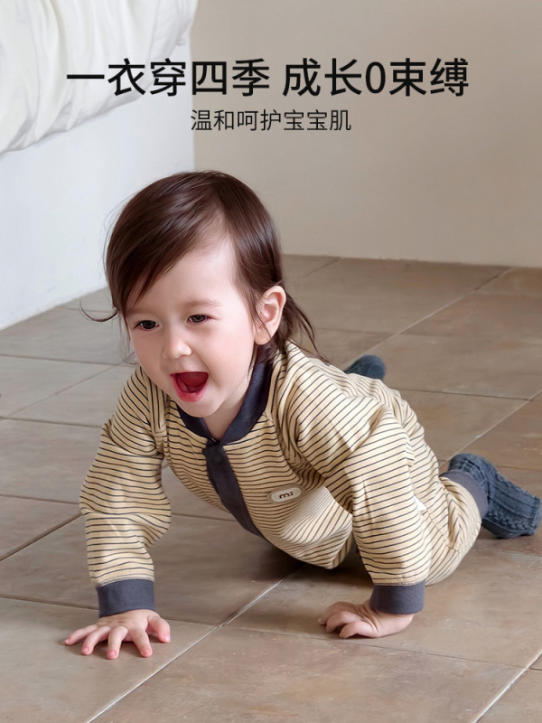 秋冬婴儿打底连体衣宝宝长袖哈衣春季无骨爬服初生儿条纹外出服|undefined
