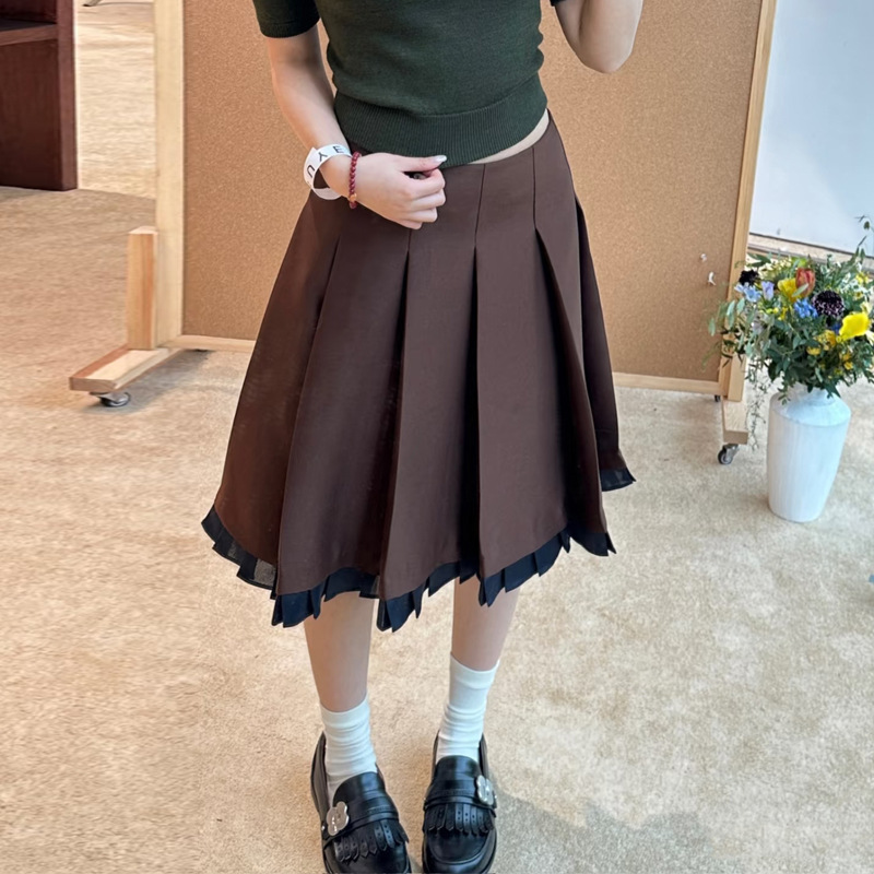 【现货】25秋冬新款气质优雅半身裙撞色裙边装饰百褶裙女25857