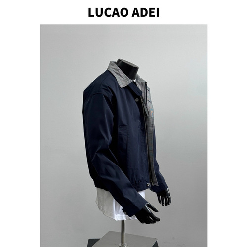 2025 autumn new style American contrast color checked lapel work minimalist loose casual navy blue jacket outer men