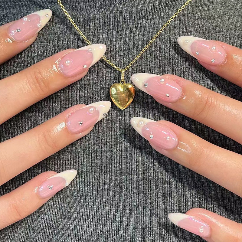 Ice through French Nail Art FRENCH TIP NAILS Rhinestone Pearl Nail Art Long Almond Press Manicure Stickers Ice through French Nail Art FRENCH TIP NAILS Rhinestone Pearl Nail Art Long Almond Press Manicure Stickers