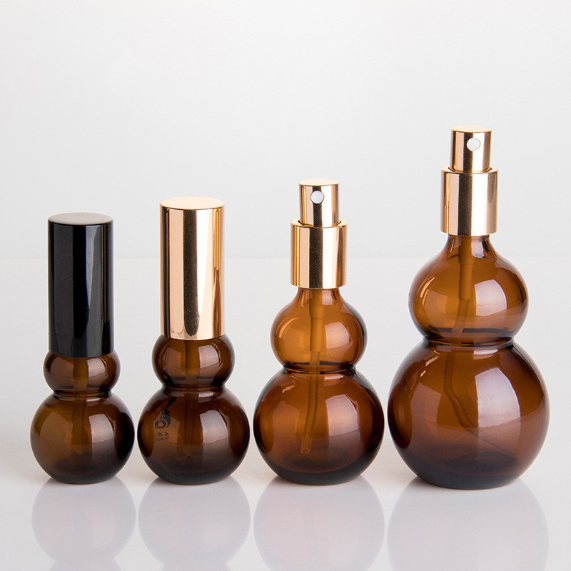 现货10-100ml茶色双葫芦精油瓶50ml补水按压泵30ml避光喷雾玻璃瓶
