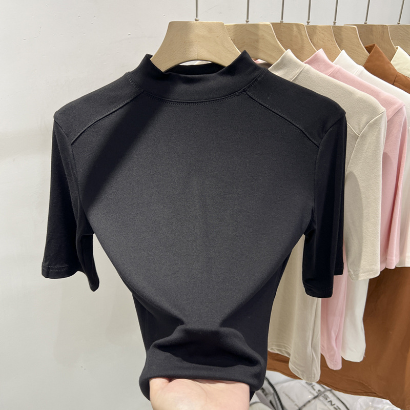 Camiseta de cuello medio alto rosa para mujeres 2025 primavera y verano nuevo estilo de moda exterior con camiseta de manga de cinco partes camiseta delgada