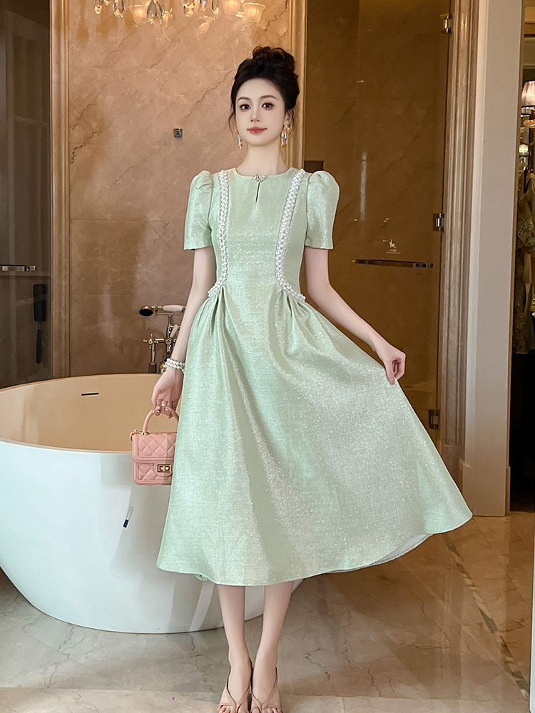 Đầm maxi nữ cổ tròn đính đá thắt eo xòe dáng dài — Xanh bạc hà
