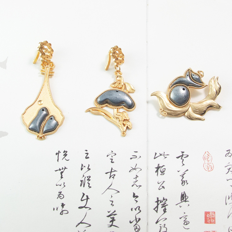 手作り diy キツネピパ宋錦パッチ生地空ペンダント合金新中国風手作りプレス襟溝底胎|undefined