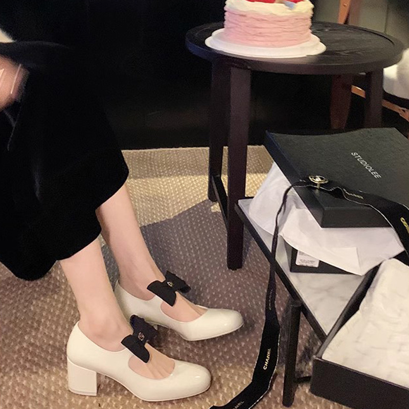 Uva mamá oro Madeline ~ francés arco punta redonda tacón grueso estilo de Chanel Mary Jane zapatos cuero para las mujeres