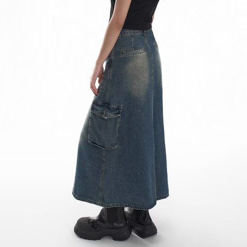 American Retro Workwear Semi-Skirt for Women 2025 Spring, Multi-Pocket High-Waisted Slimming A-Line Medium Length Umbrella Skirt