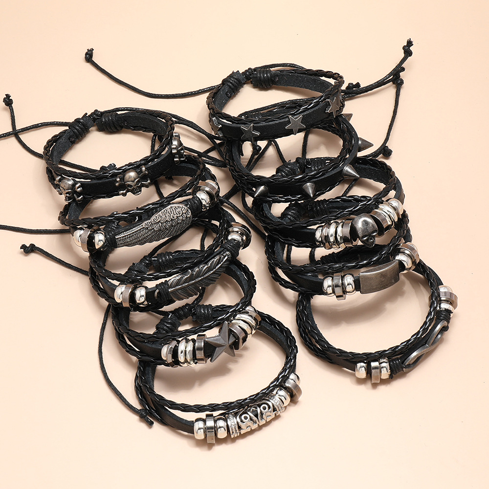 European and American punk style sharp nail beaded leather bracelet 12-piece set