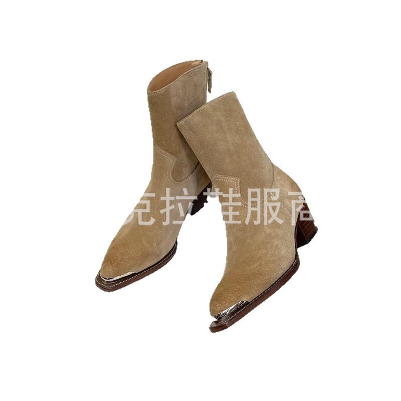 高端2025秋冬真皮尖头复古粗跟高跟后拉链西部牛仔短靴靴骑士靴女|undefined