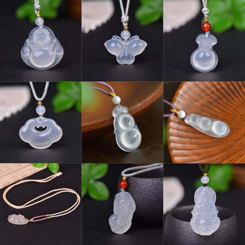 高冰种玛瑙玉髓无事牌平安扣吊坠福豆观音佛公貔貅钱袋挂件项链