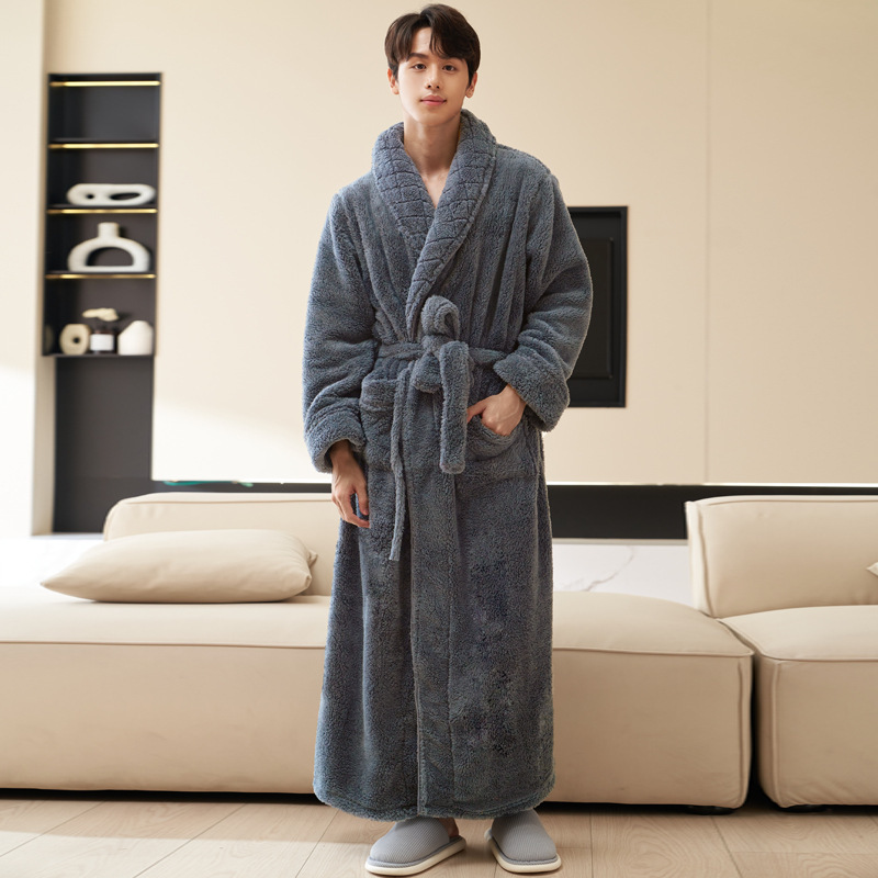 Coral Fleece Nightgown Men's Extra Large Coral Fleece Thickened Fleece-lined Bathrobe Autumn and Winter Extra Long Robe to Ankle
