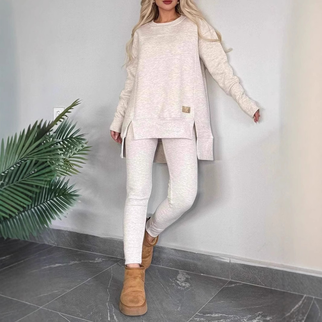 Women's Clothing autumn and winter hot selling women's tops slit long sleeved round neck casual solid color suit_voghion.com