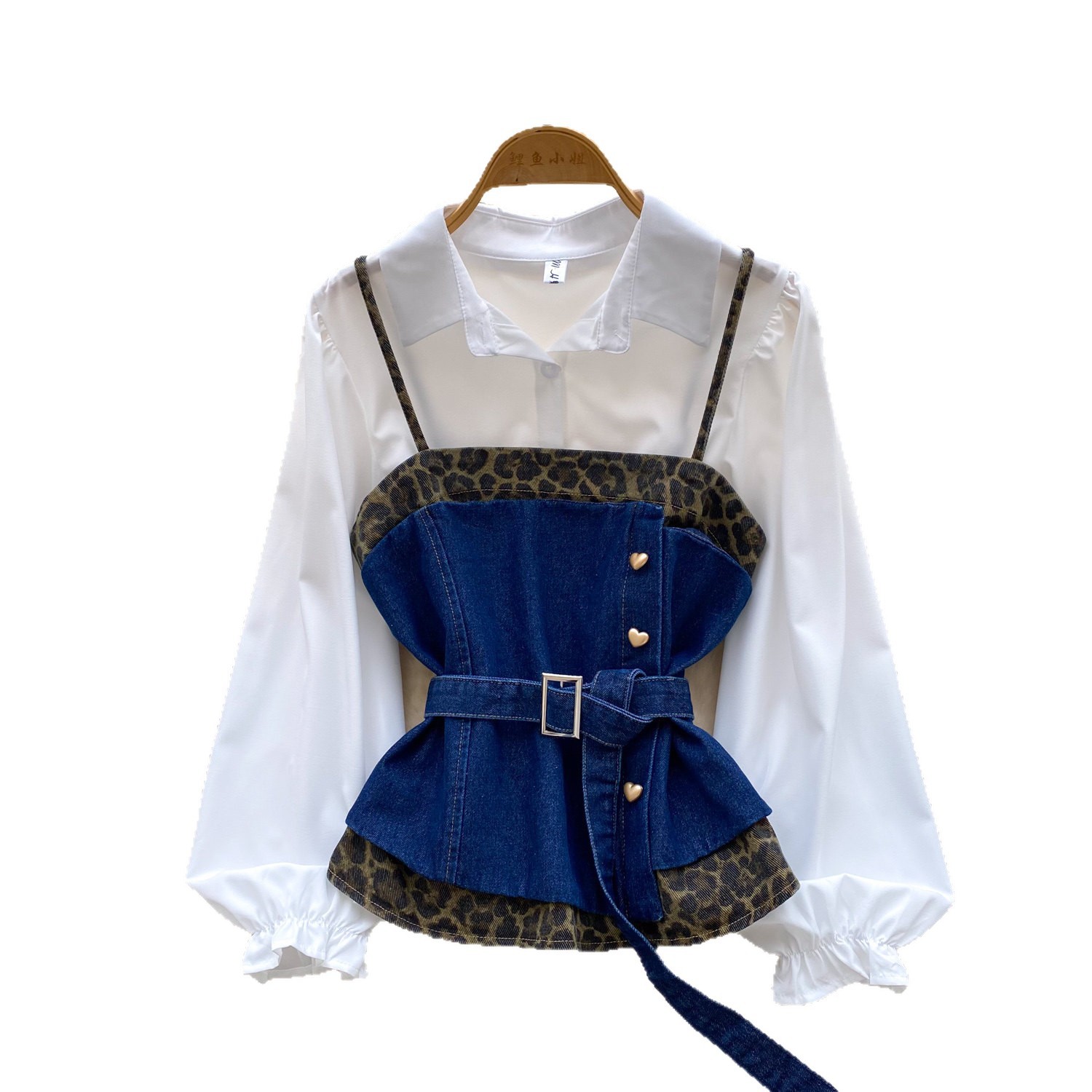 French Retro Women's Leopard Print Patchwork Two-Piece Set Belted Layered Vest Spring Autumn Waist Cinching_voghion.com