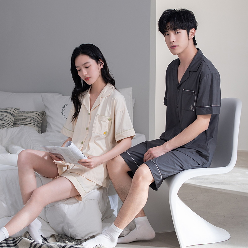 [Antibacteriano] Pijamas de pareja, cardigan fino de algodón de verano, solapa, pantalones cortos de manga corta, trajes coreanos para hombres y mujeres, servicio a domicilio