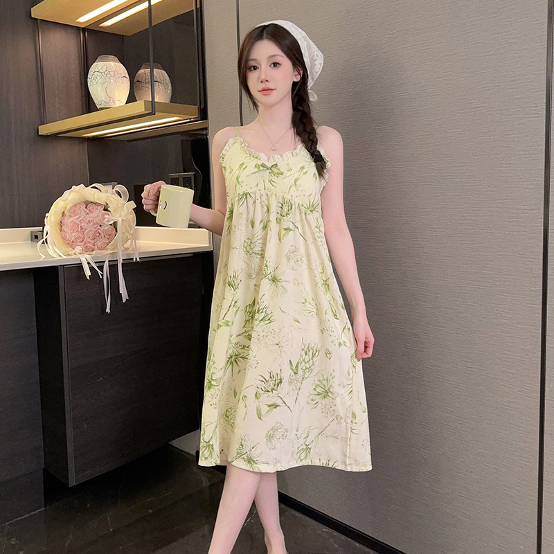 2024 con almohadilla de pecho pijama de longitud media pijama de verano de mujer nube de algodón dulce lindo ropa casera casera casera