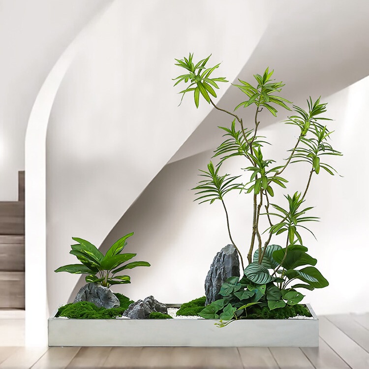 Small plant arrangements, lily bamboo potted plants, green plants, shopping mall window display scenes, floor-standing landscape bonsai