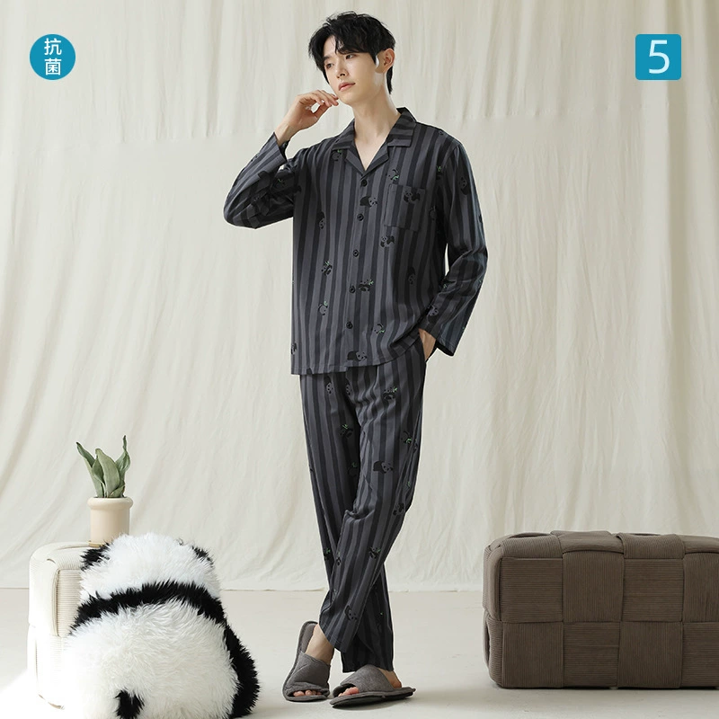 [Антибактериальный хлопок Синьцзян] Весенняя и осенняя пижама мужская с длинными рукавами хлопковая чистая пижама мужской ватный халат