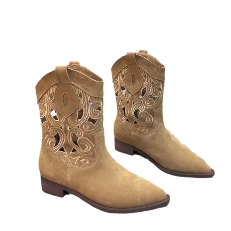 Women's Shoes flower new western cowboy boots embroidery hollow women's thick heel V neck knight boots women's ethnic style retro short_ipsvogv.com
