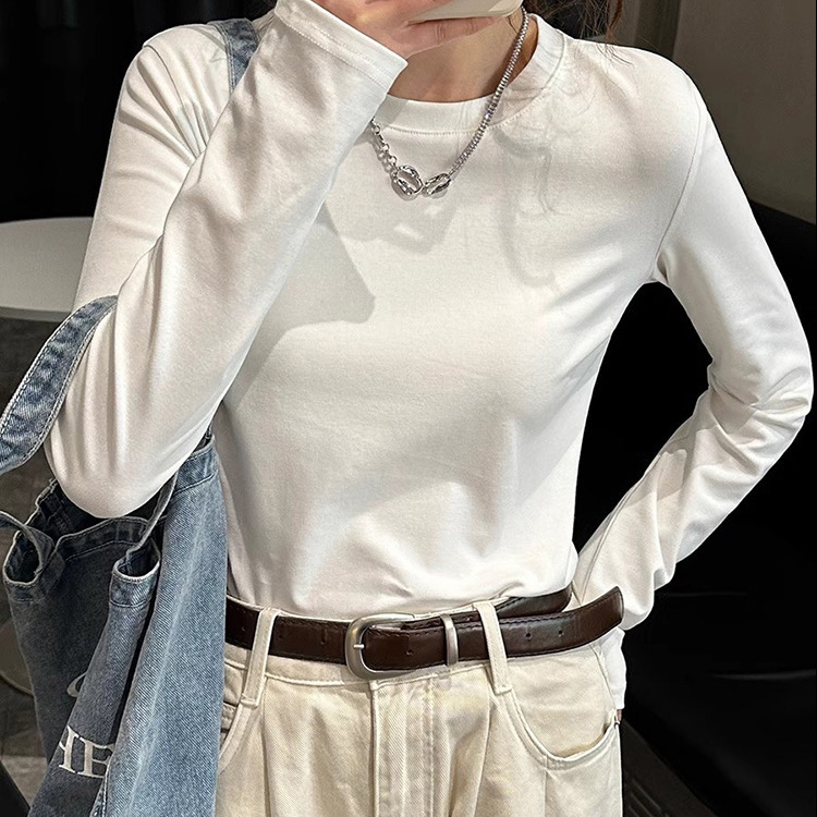 300g Crewneck White Inner Long Sleeve Base Shirt T-shirt Women's Spring and Autumn Loose Cotton Joker T-shirt Top