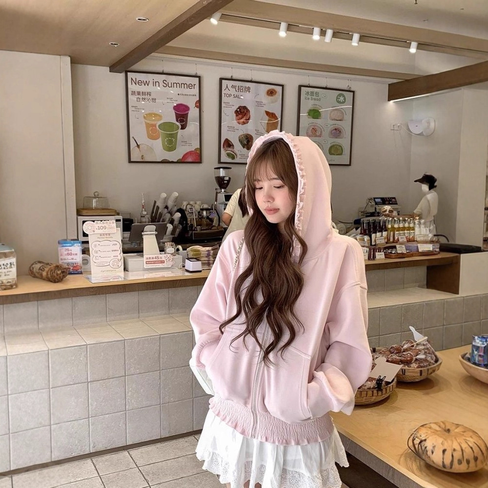 设计感拉链开衫外套女早秋新款宽松显瘦木耳边外穿百搭长袖上衣潮