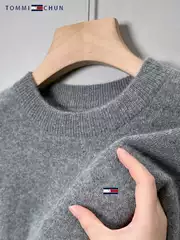 American Tommy Wool Sweater Men's Sweater Round Neck Thickened Solid Color Cashmere Fashion Casual Base Pullover Sweater