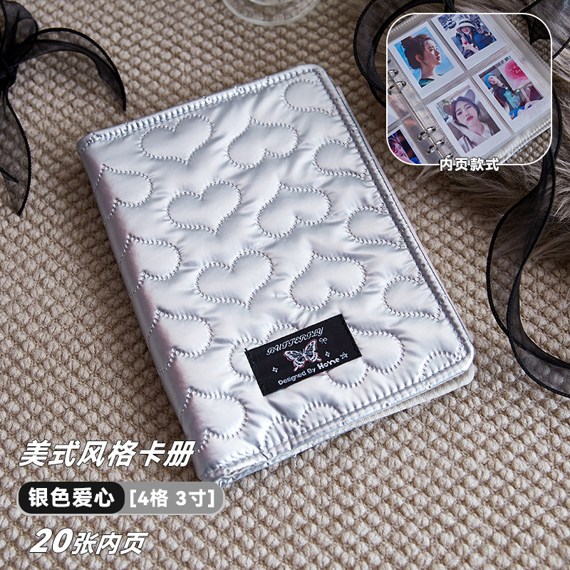 Álbum de tarjetas de cuero plateado retro americano, tarjeta pequeña de cuatro cuadrados de amor de alto valor, álbum de exhibición de álbum de almacenamiento Polaroid