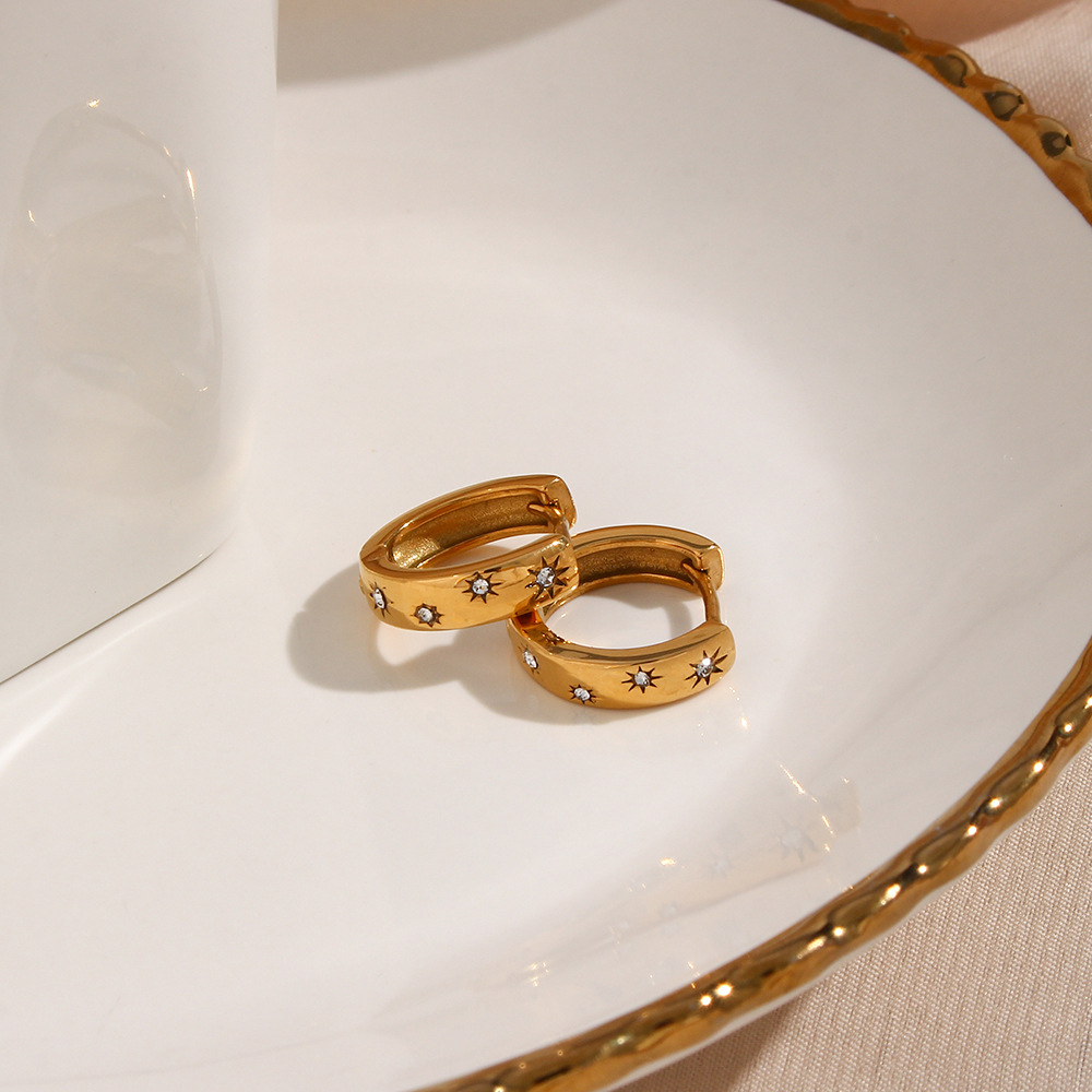 Real Gold Plated Plating Material Zircon Inlay Material PVD Coated Real Gold Plated 18K Gold Sun 304 Stainless Steel Fashion Waterproof Non Tarnish Earrings
