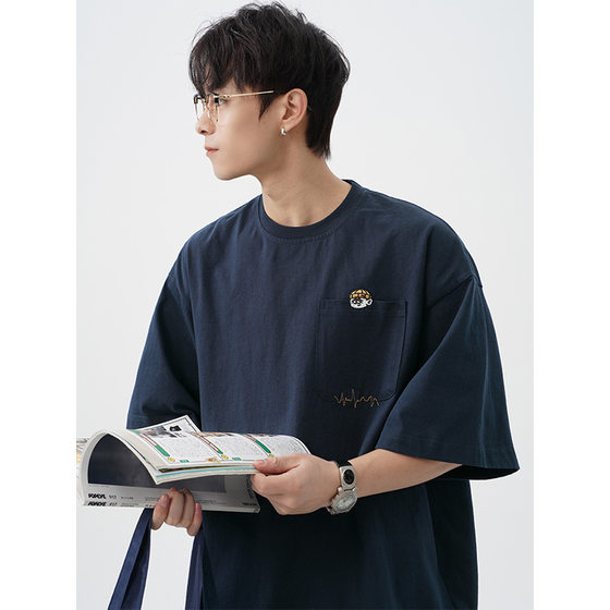 Japanese Style Vintage Embroidered Design Pure Cotton Short-sleeved T-shirt Men's Spring and Summer New Loose Casual Couple's Trendy Brand T-shirt