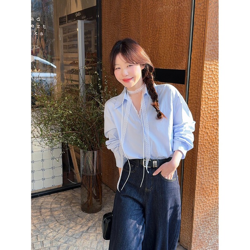 胖mm大码POLO领系带衬衫女春季蕾丝洋气宽松别致衬衣长袖外穿上衣|undefined