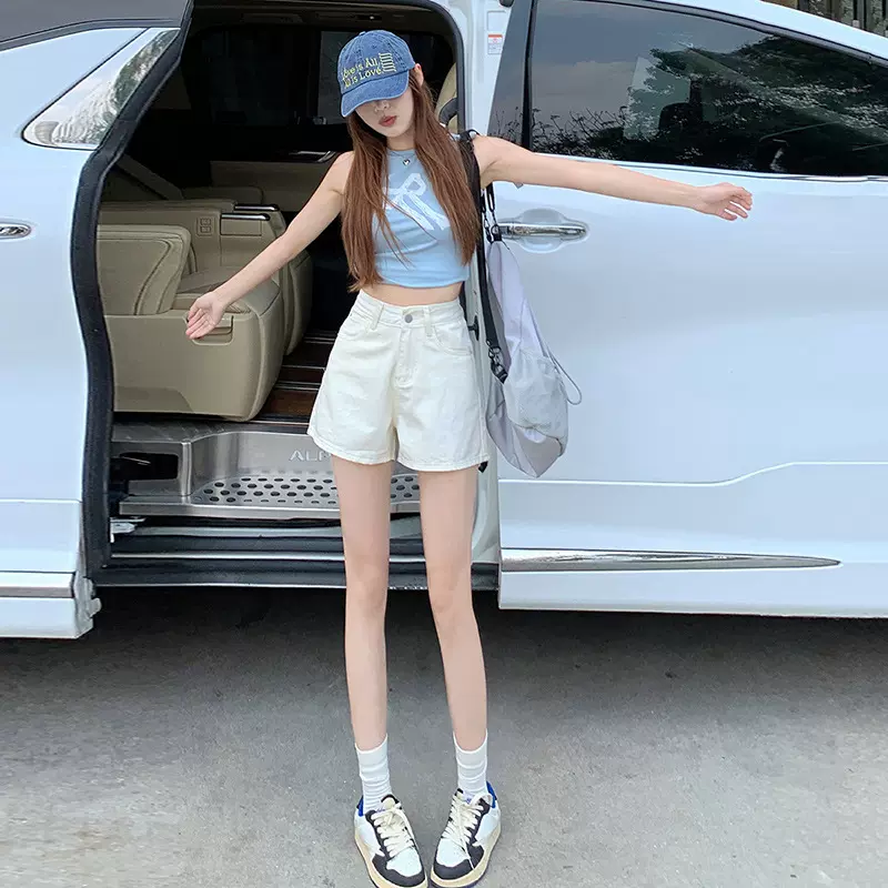 新款米白色牛仔短裤女夏季薄款高腰宽松显瘦阔腿休闲a字三分热裤
