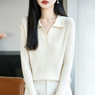 2026秋季新款女式羊毛混纺针织衫POLO领毛衣女长袖毛绒衫外贸批发