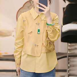 法式假两件小马衬衫女士2026早秋新款高级时尚洋气好看漂亮上衣潮