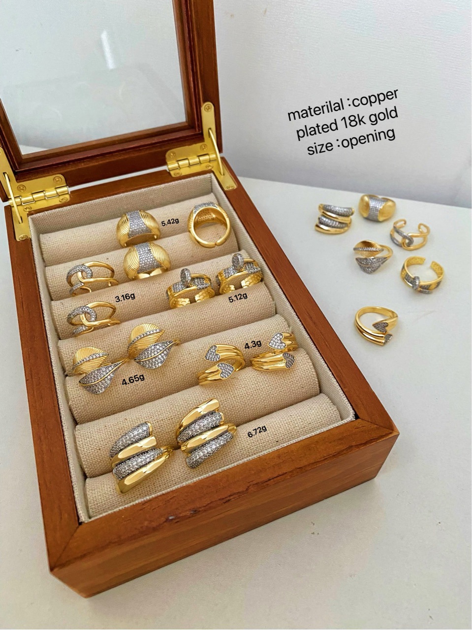 7g Weight 18K Gold Plated Plating Material Wholesale Jewelry IG Style Geometric Leaves Heart Shape Copper Zircon 18K Gold Plated Mixed Metal Plating Inlay Open Rings