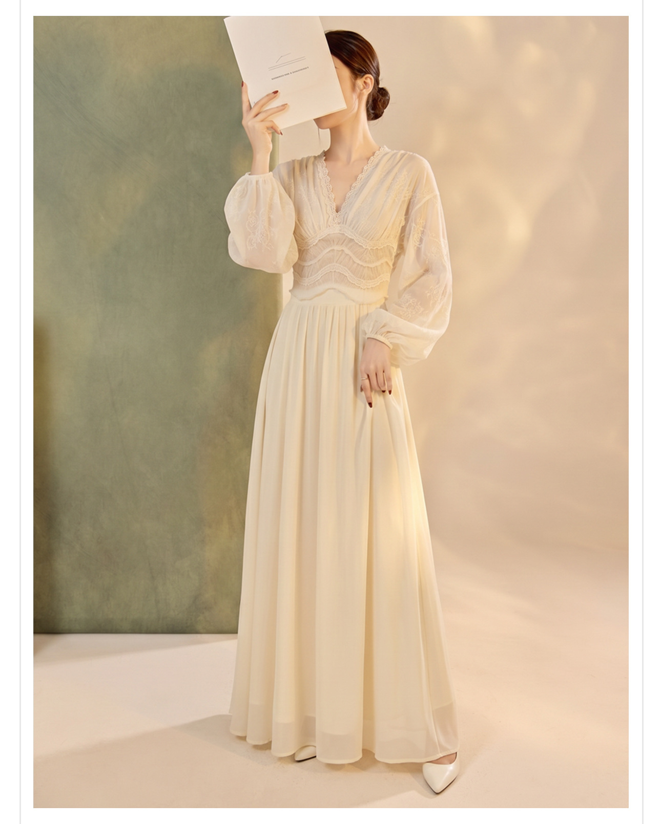 Váy maxi ren thêu lưới tay phồng lồng đèn cổ V thắt lưng dáng suông — áo, bộ đồ, nửa váy chi tiết 8