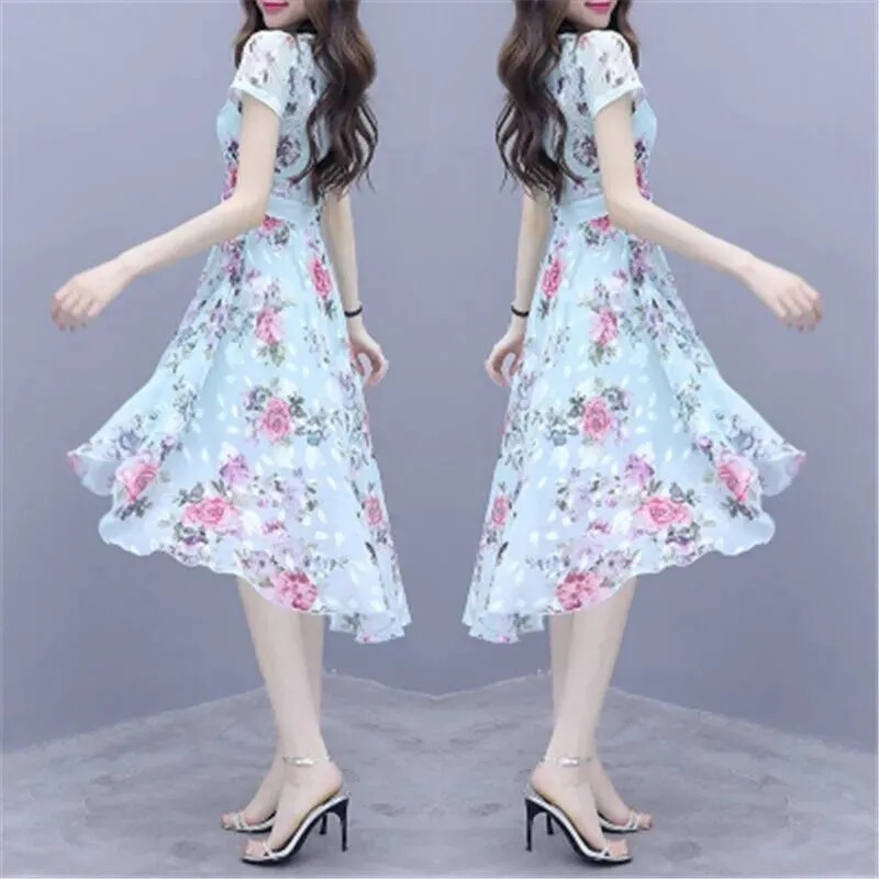 Plus Size 2025 Summer Wear New Mother's Dress Women's Short-Sleeved Waist-Reducing Printed Mid-Length Skirt with Large Hem