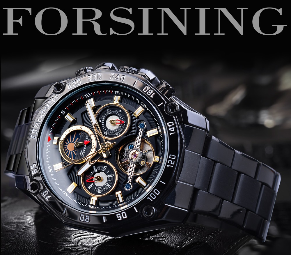 Men's Mechanical Watch Automatic Tourbillon Moon Phase Steel Band_voghion.com