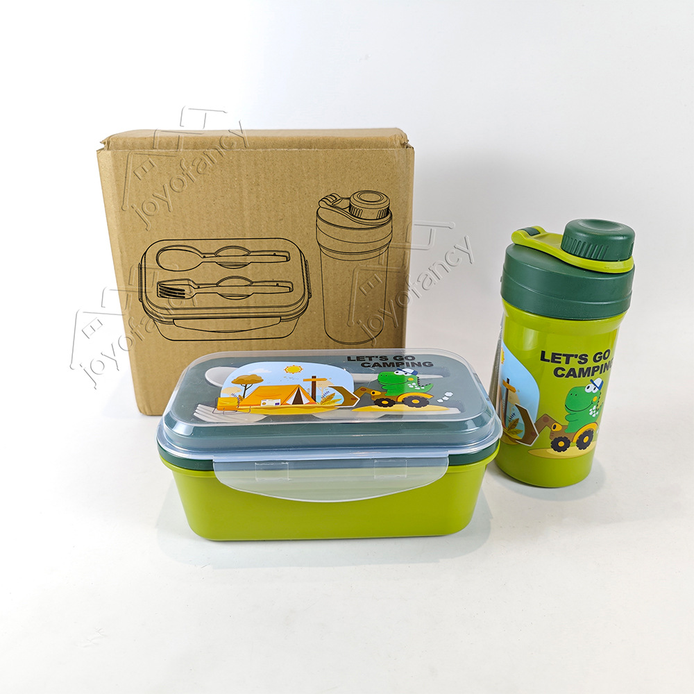Nuevos productos sin franqueo para niños caja de almuerzo set hervidor de agua escuela de dibujos animados de plástico caja de almuerzo portátil de doble capa caja de almuerzo