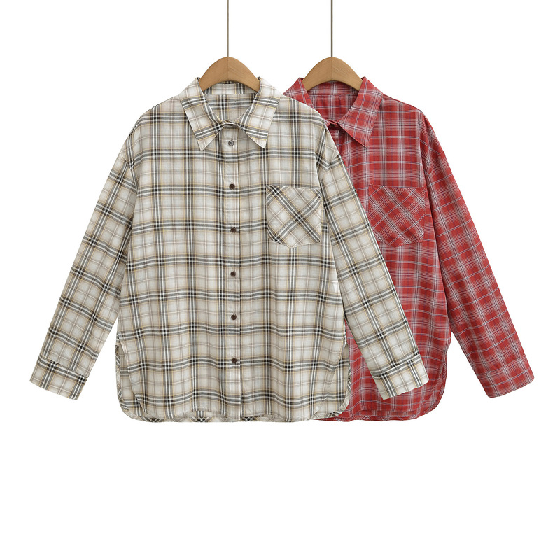 Loose Fit Brown Plaid Shirt with Textured Plaid Pattern and Turn-Down Collar, Women's 2025 Cardigan Top for Spring and Autumn