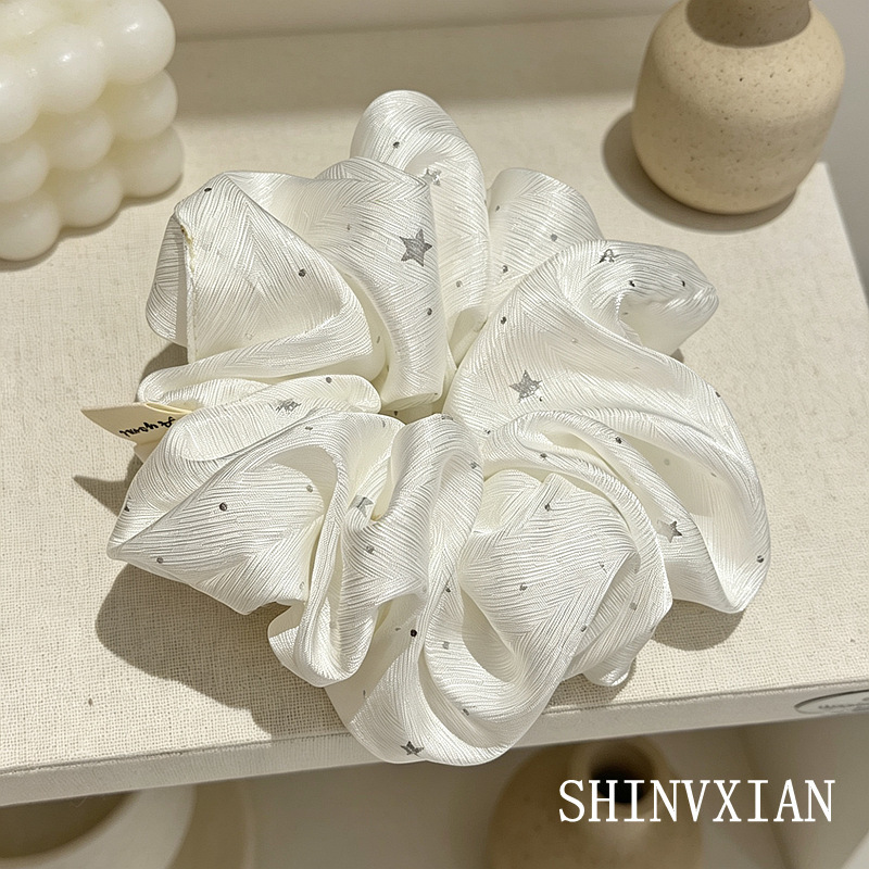 White Star Satin Scrunchie for Women, High-End, Delicate, Gentle Hair Accessory, Lazy Style Hair Tie, French Style