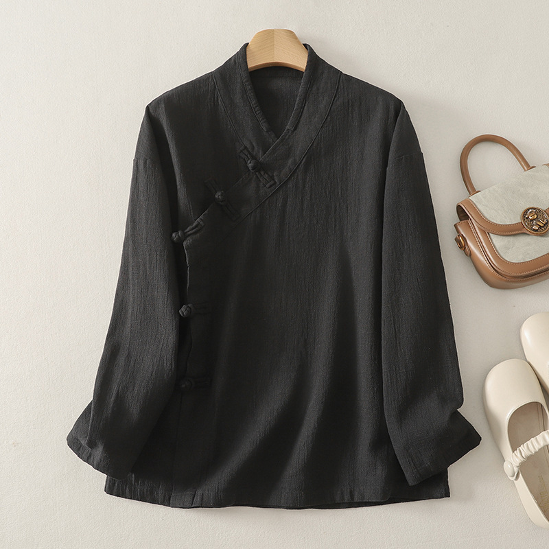 佛系新中式上衣女中式盘扣斜襟长袖衬衫禅修居士服茶服开衫禅修|undefined