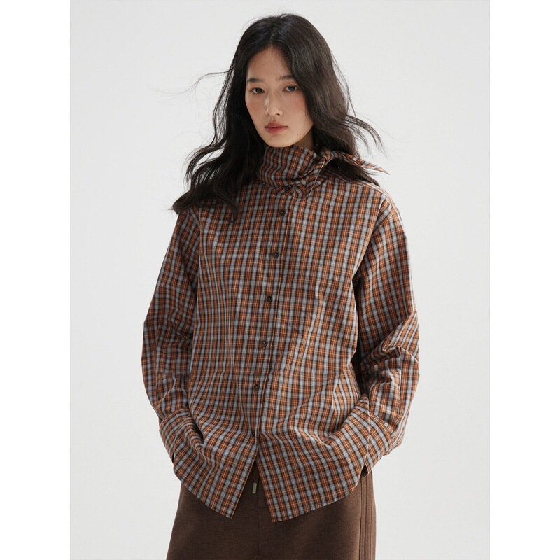 Jomi 【Rural Style】Vintage England Caramel Warm Brown Plaid Stand Collar Tie-Up Oversized Shirt