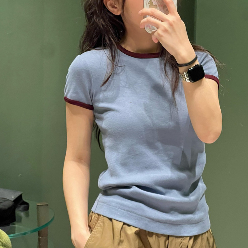 2026 Summer New Casual Triangle Logo Color-Blocking Ribbed Cotton Slim-Fit Short-Sleeve T-Shirt Top