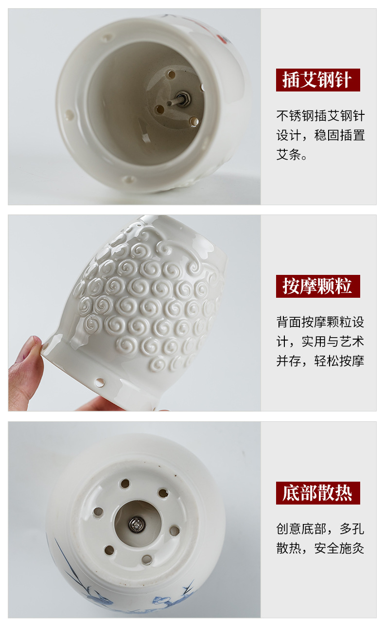 Ceramic Moxibustion Jar Heat-Resistant Moxa Box with Steel Ash Guard Portable Warming Tool for Body Care in use
